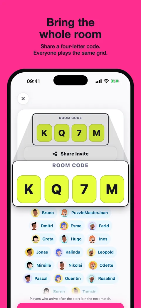 A room lobby with its invite code
